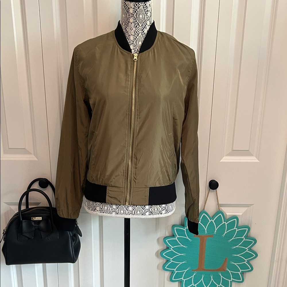 Love Tree Khaki Bomber Jacket with Black Trim